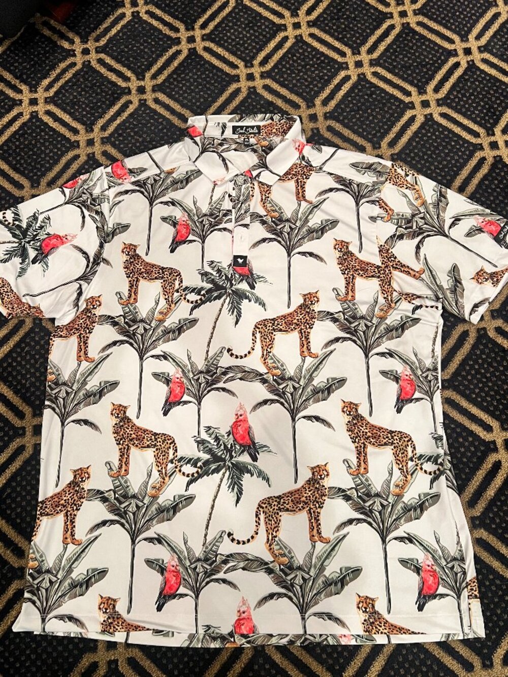 Bad Birdie Men’s 2XL Cheetah Tropical Golf Polo White Animal Print Performance